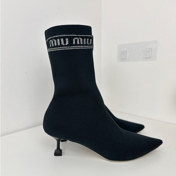 Miu Miu Kitten Heel Sock Boots Shoes Black Logo Pointed Toe EU 37.5 US 7.5 - Picture 2 of 14